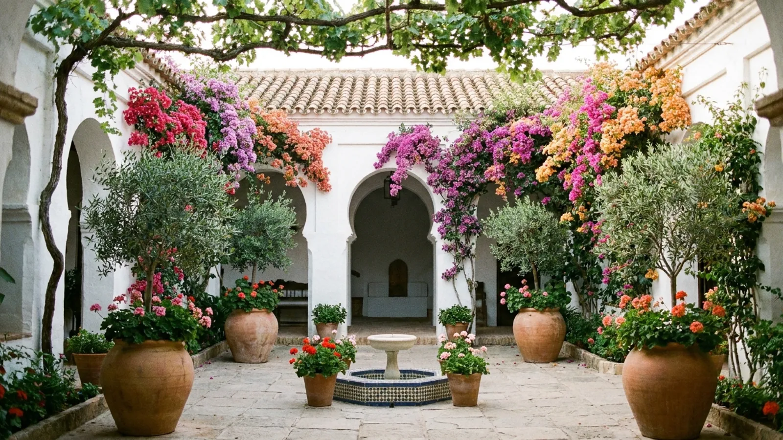 Serene Spanish courtyard with terracotta pots and lush greenery