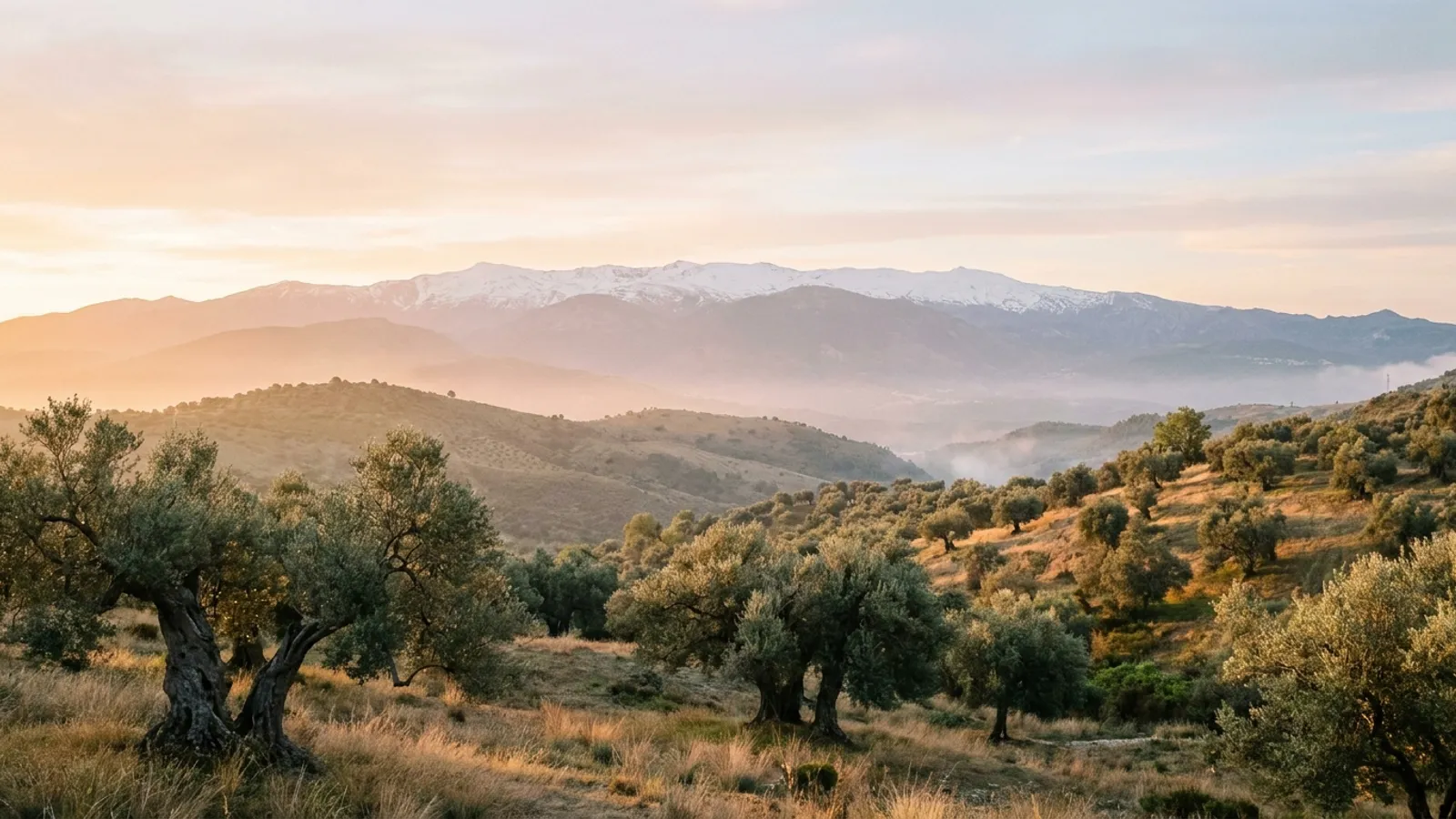 Serene landscape of Granada with a focus on natural elements like mountains and olive groves.