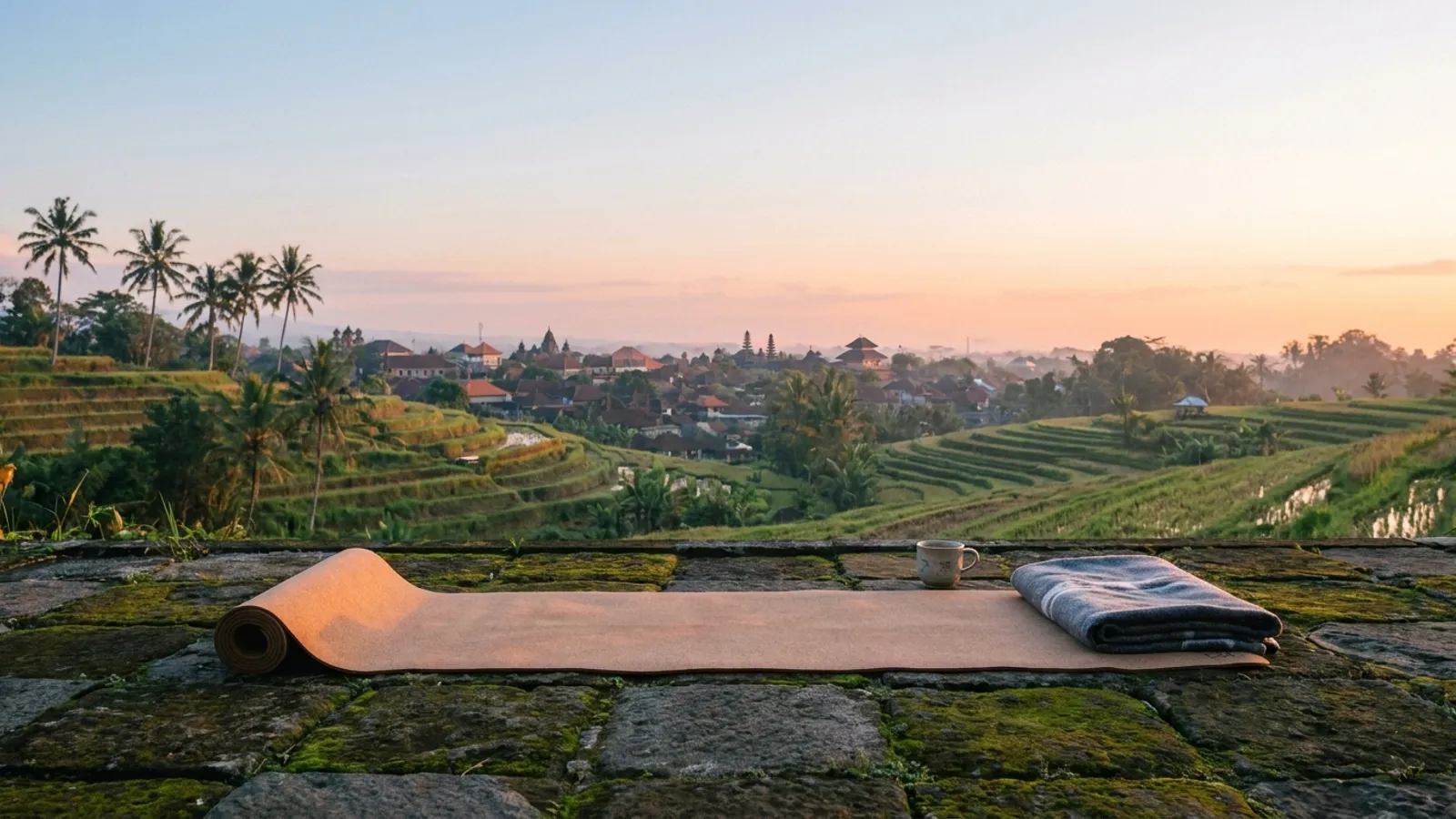 Serene view of Granada's hills at sunrise, with a yoga mat in the foreground